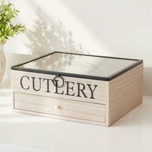 Vintage Wooden Cutlery Box Acrylic Lid with Drawer