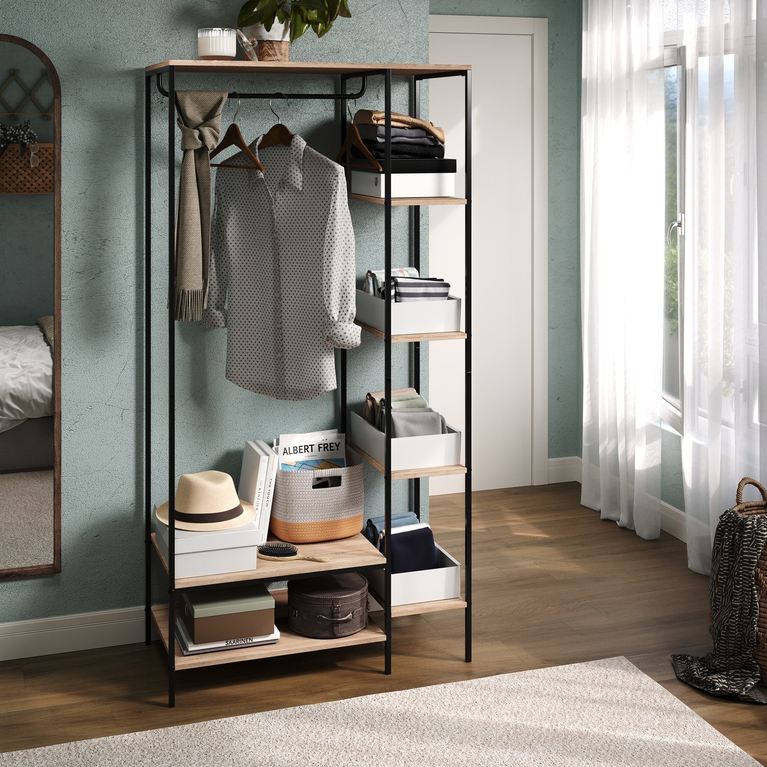 Kelly Oak Effect Open Wardrobe With Side Shelf Storage - Rustic - Oak