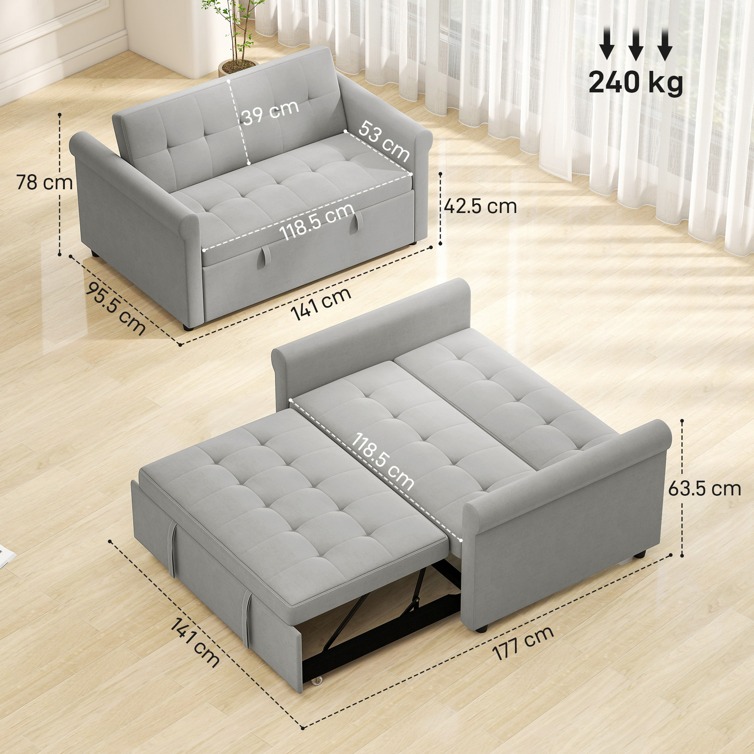 HOMCOM Convertible Pull Out 2 Seater Sofa Bed with Adjustable Backrest