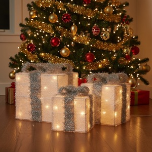 3 Light Up Christmas Gift Boxes LED Battery Lit Parcels Silver and White