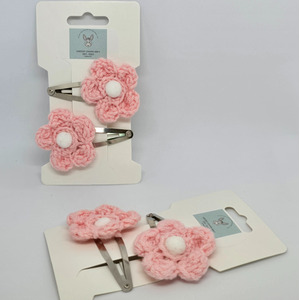 Pink White knitted flower Hair Clip Pk2