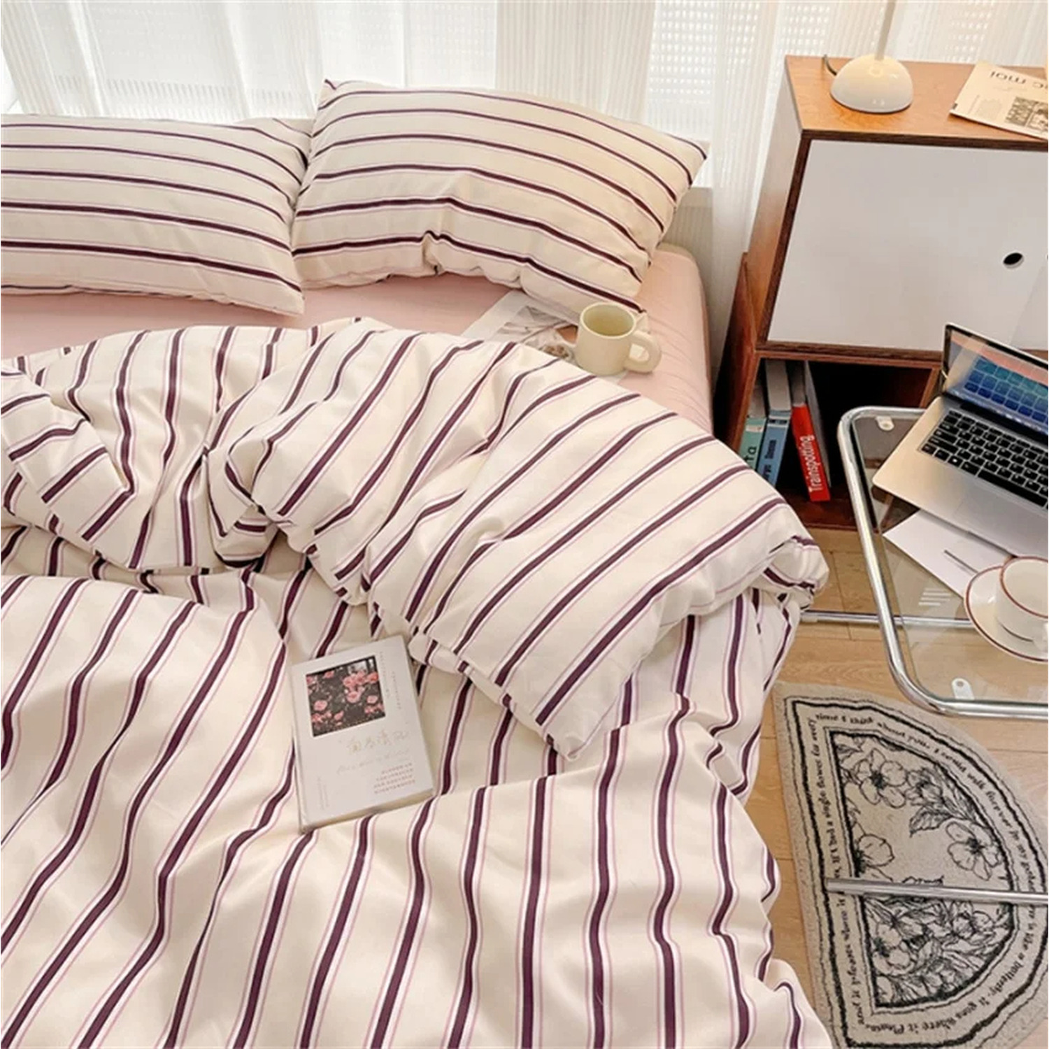 4pcs Blue Striped Cotton Bedding Set Soft - White Blue