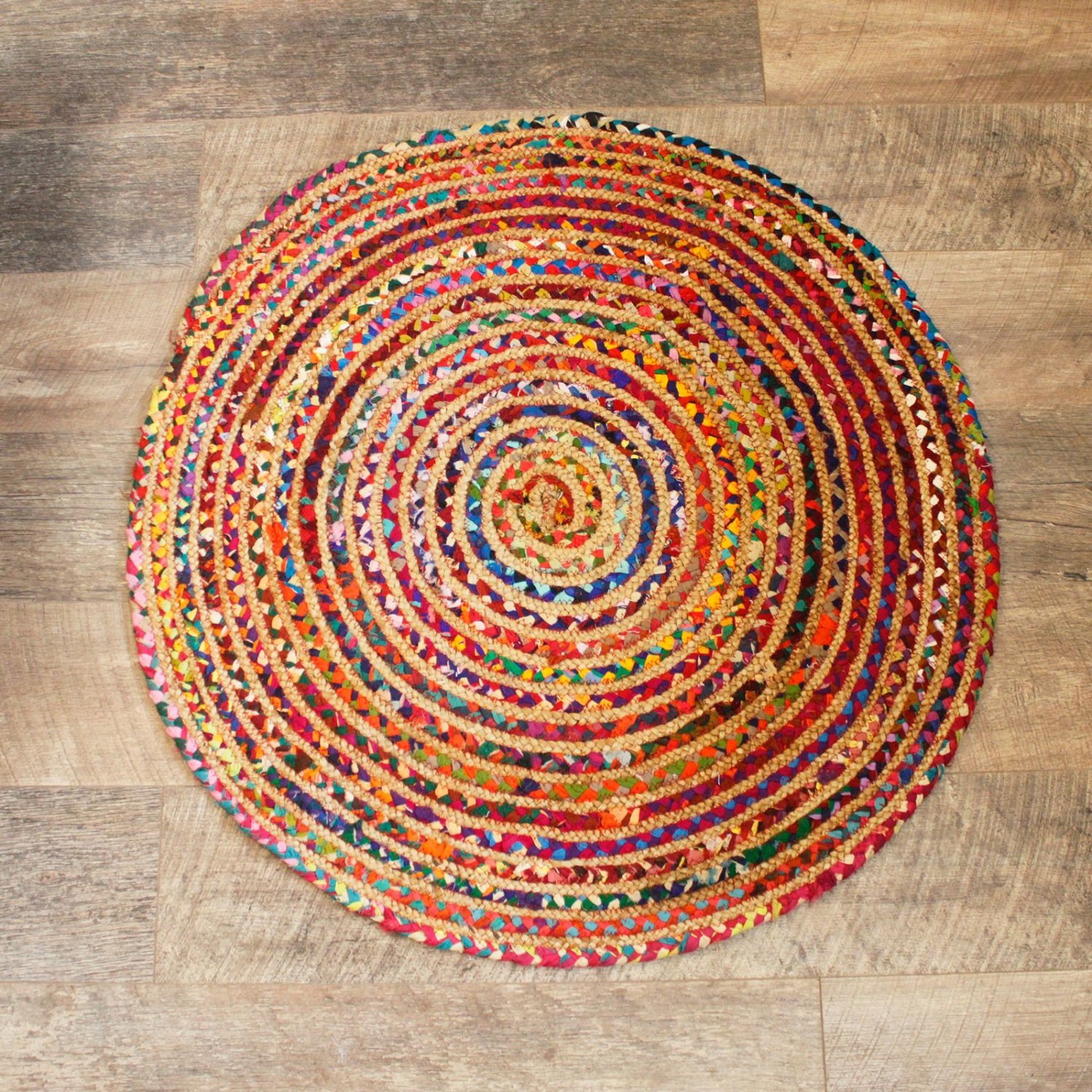 Handmade Round Jute Recycled Cotton Rug - Multi