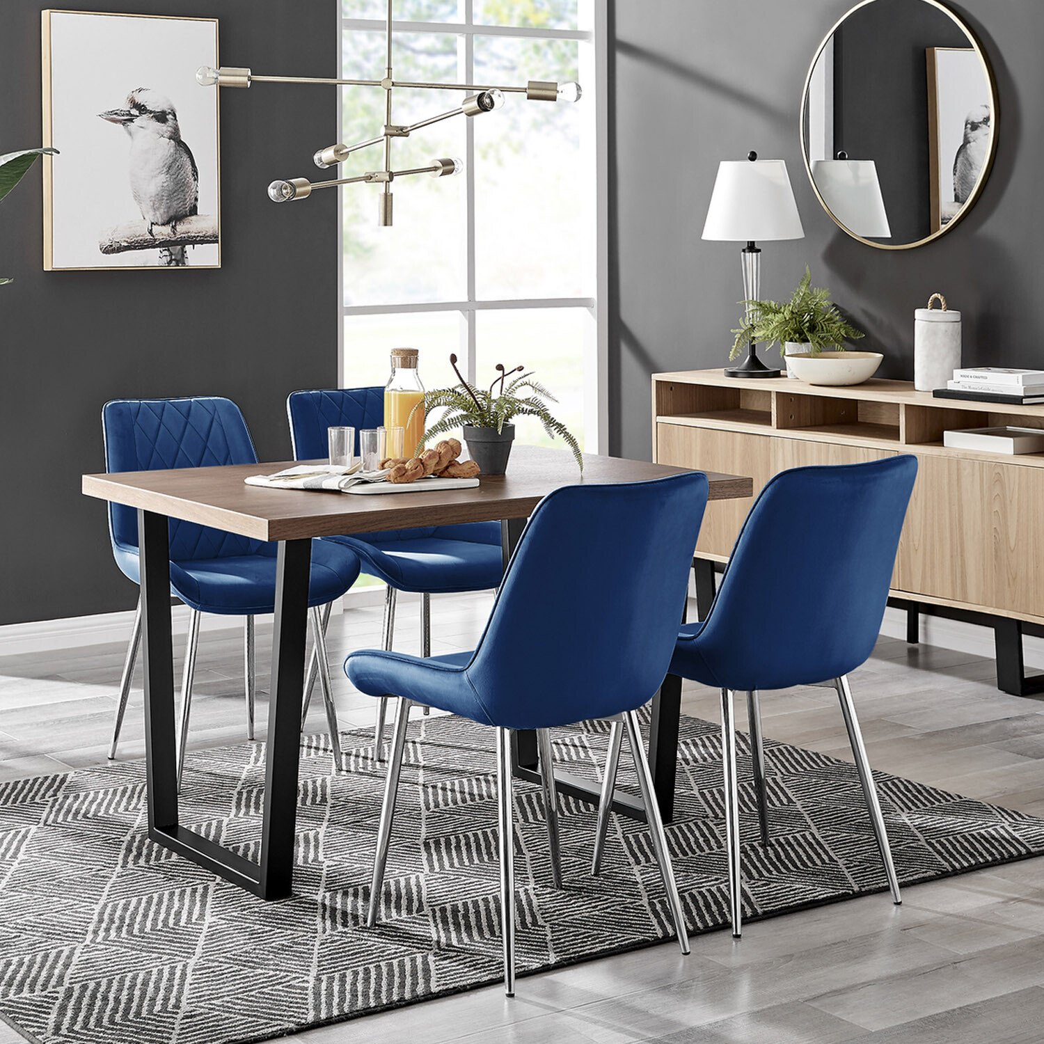 Furnitureboxuk Kylo Brown Wood Effect Dining Table 4 Pesaro Silver Leg Chairs - Navy