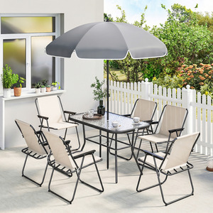 Outsunny 8 Piece Garden Dining Set with Six Folding Chairs and Umbrella