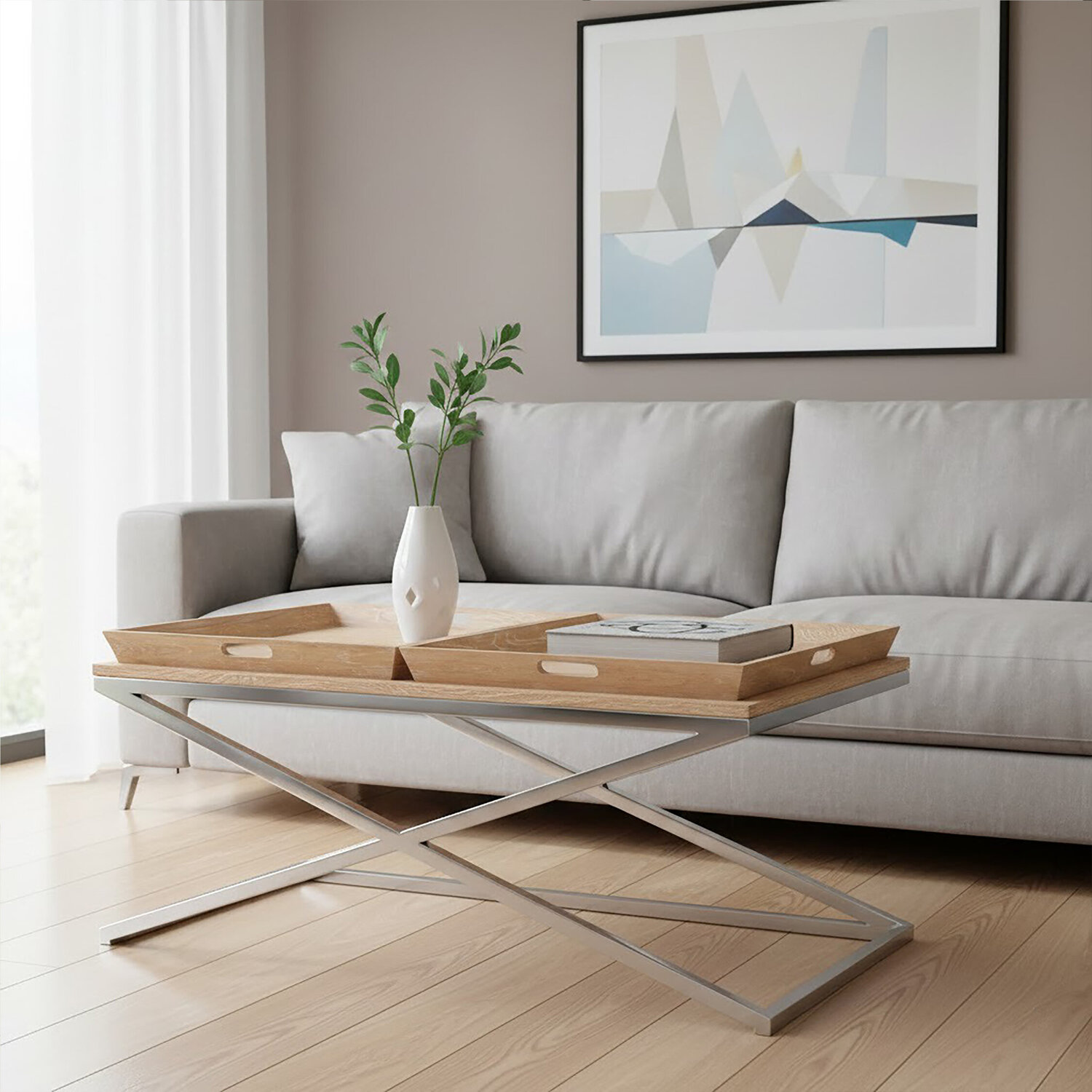 Holland Park Coffee Table with Oak Wood Tray Tops - Silver