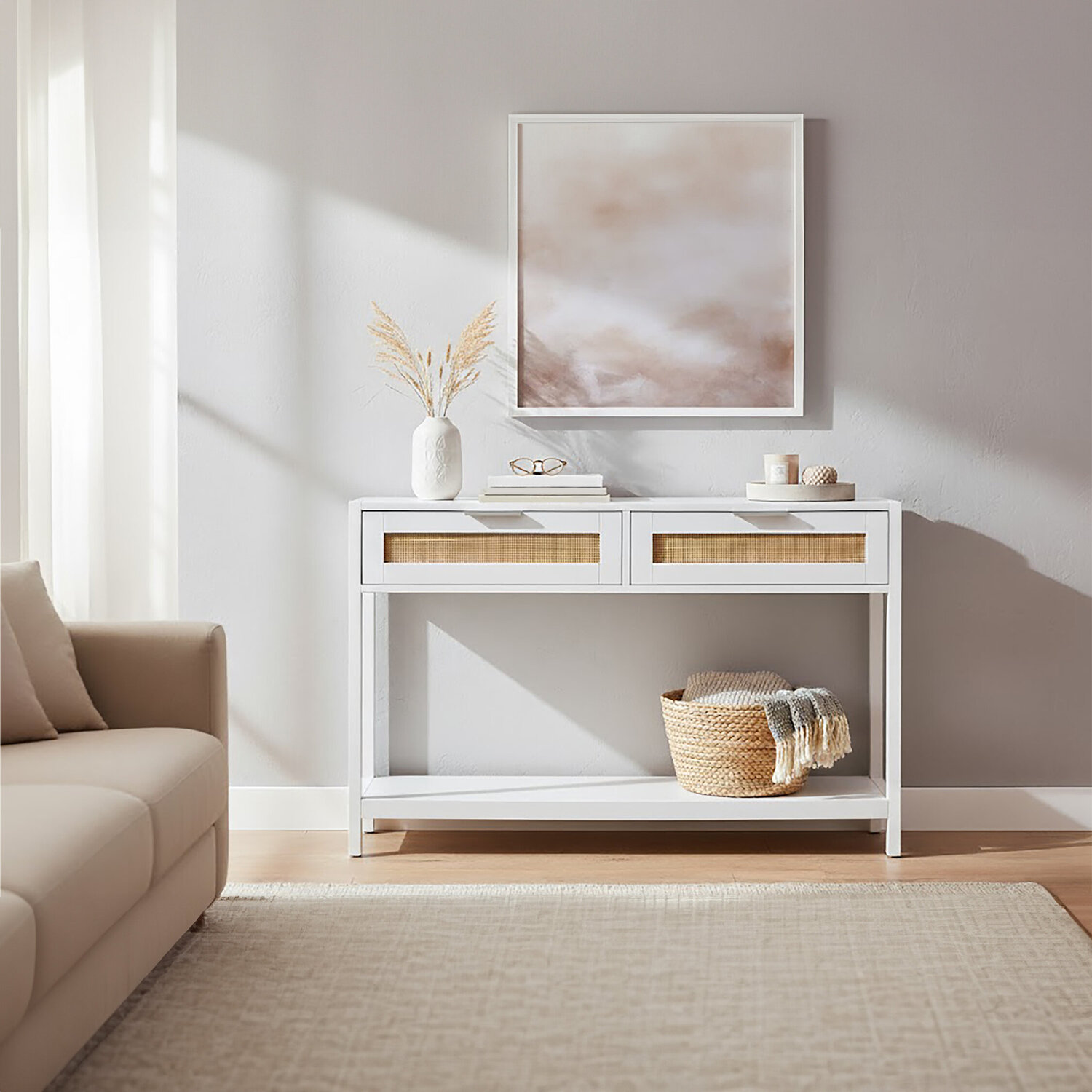Sherman White Wood and Rattan Two Drawer Console Table - White