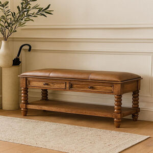 Solid Wood Leather Spindle Bench, 2 Drawers, 1 Open Big Size Shelf, Leather On Top