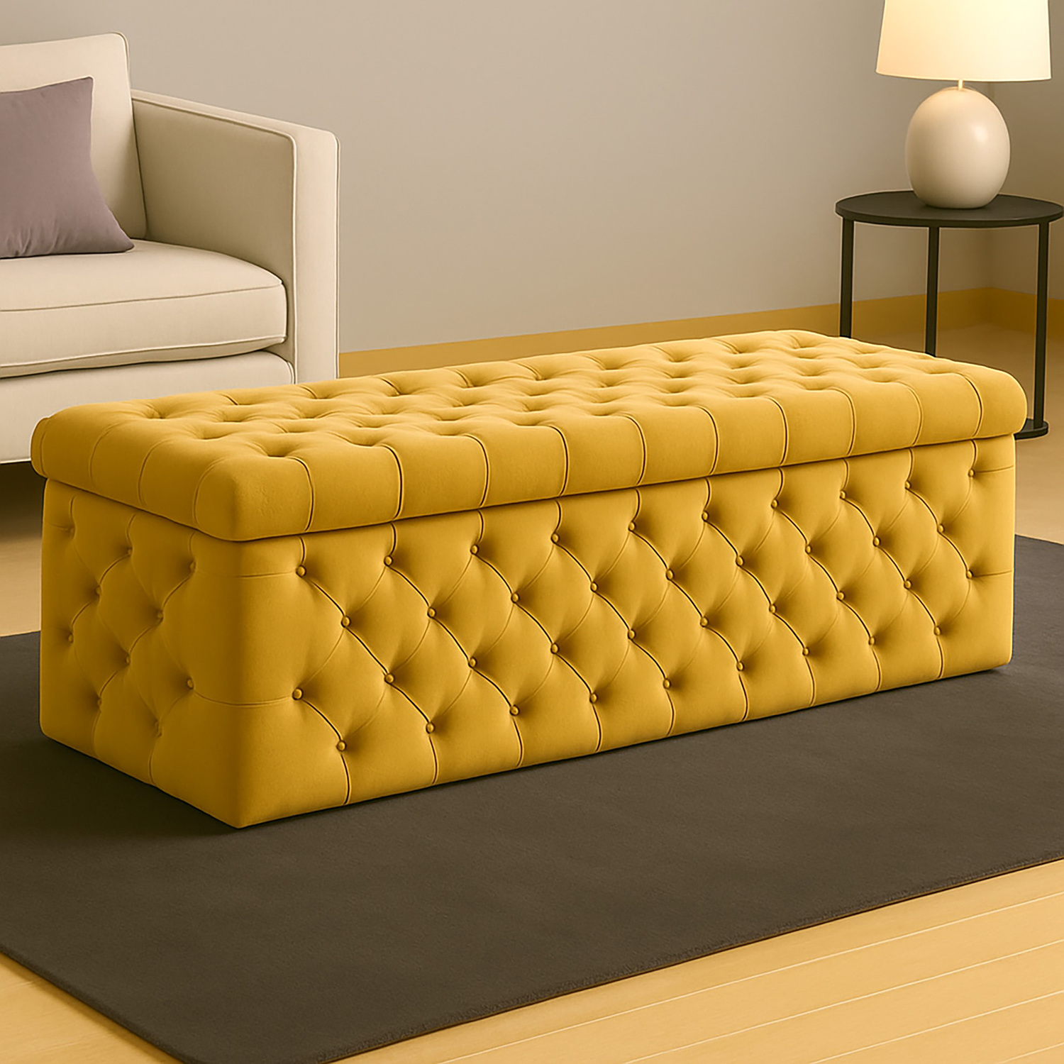 R&M Furnishers Wide Lux Ottoman Storage Box, Red Velvet Upholstered Chesterfield Storage Ottoman Box - Mustard Gold Plush Velvet