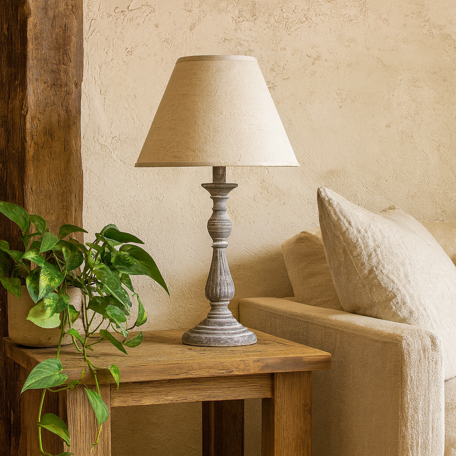 Blesle Whitewashed Turned Wood Pedestal Table Lamp with Linen Shade - Grey