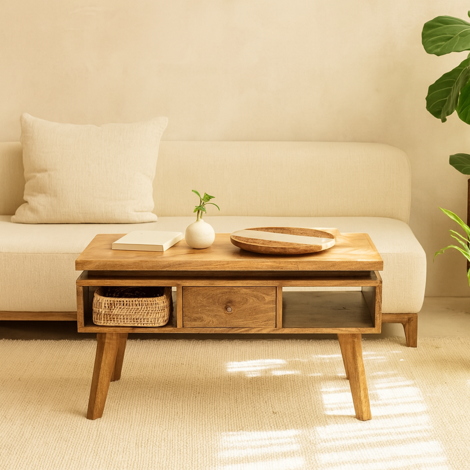 Arezzo Granary Coffee Table 2 Drawers Brass Knobs - Brown