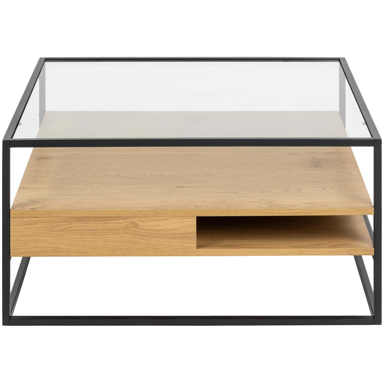 Wrenna Square Coffee Table Powder Coated Frame Tempered Glass Top Effect Shelves - Black