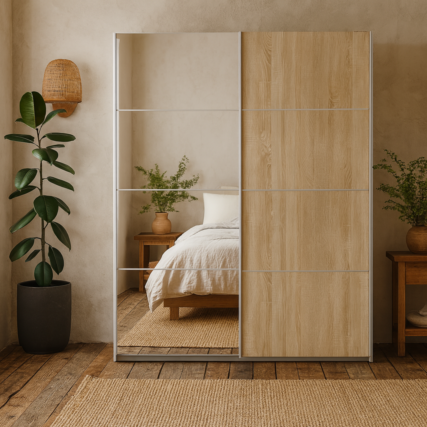 Bordeaux Sliding Double Wardrobe with Mirror and Panels - Oak and mirror-effect panels
