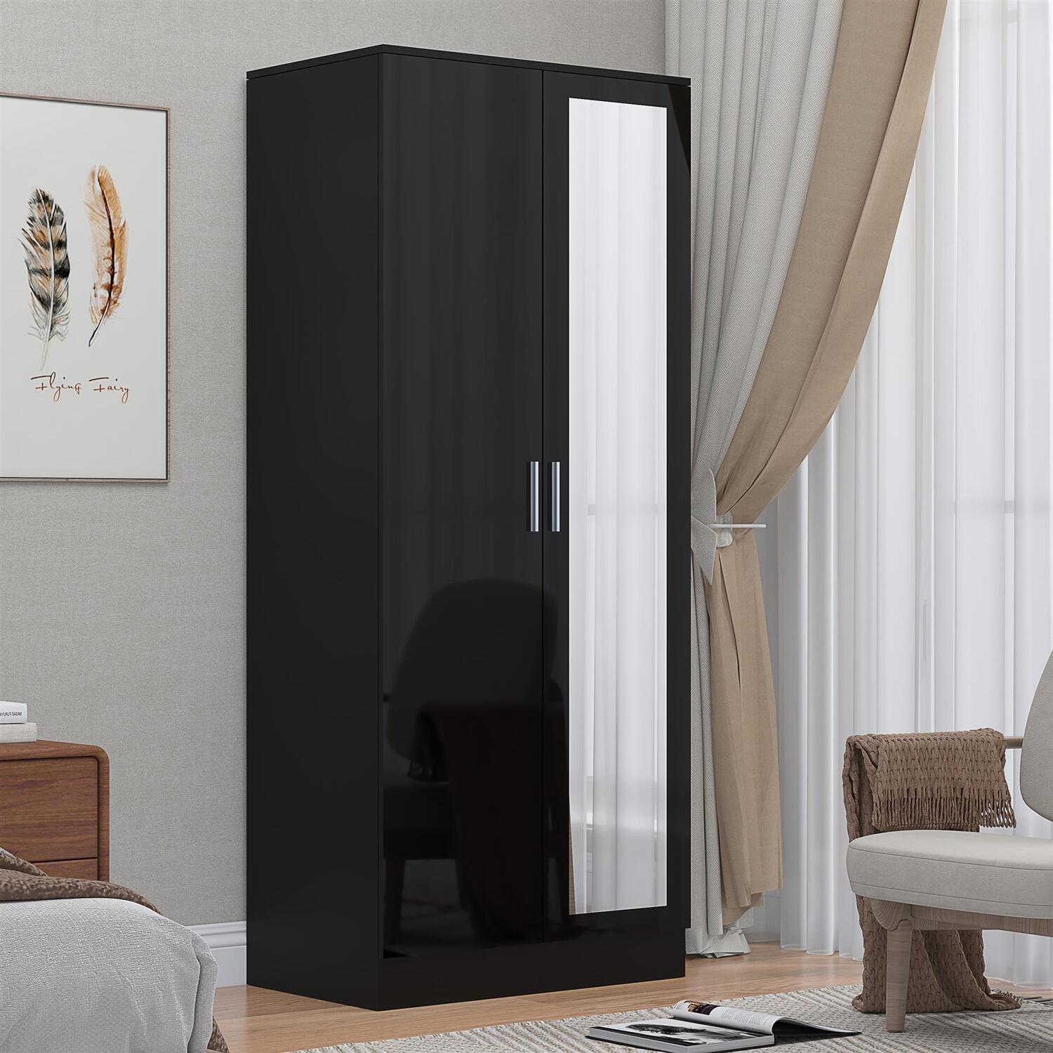 B&Q - 2 Door Mirrored WardrobeBlack Gloss & Black OakHanging Rails & ShelvesH: 180Cm X W: 76CmModern Sleek Design - Image 6