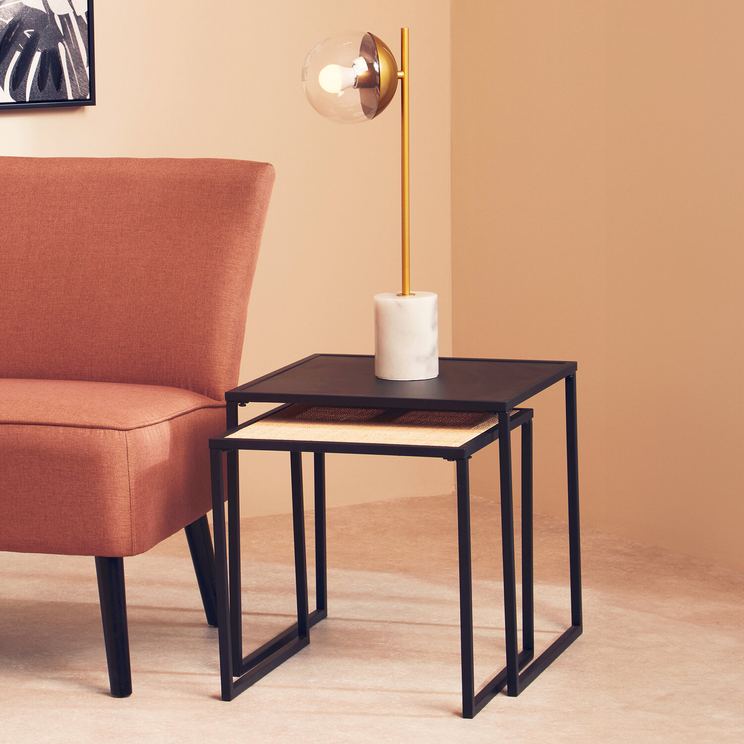 Depok Rattan And Metal Nest Of Two Tables - Black, Natural