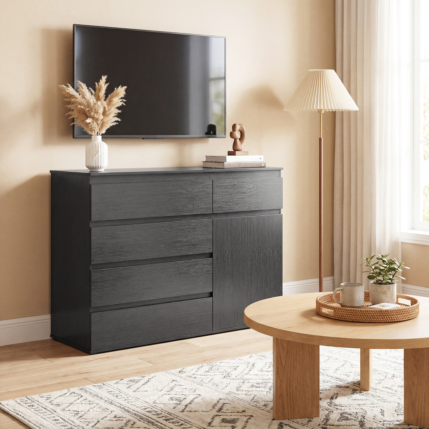 Rackhams Black Sideboard Storage Cabinet, Kitchen Cupboard With 5 Drawers - Image 2