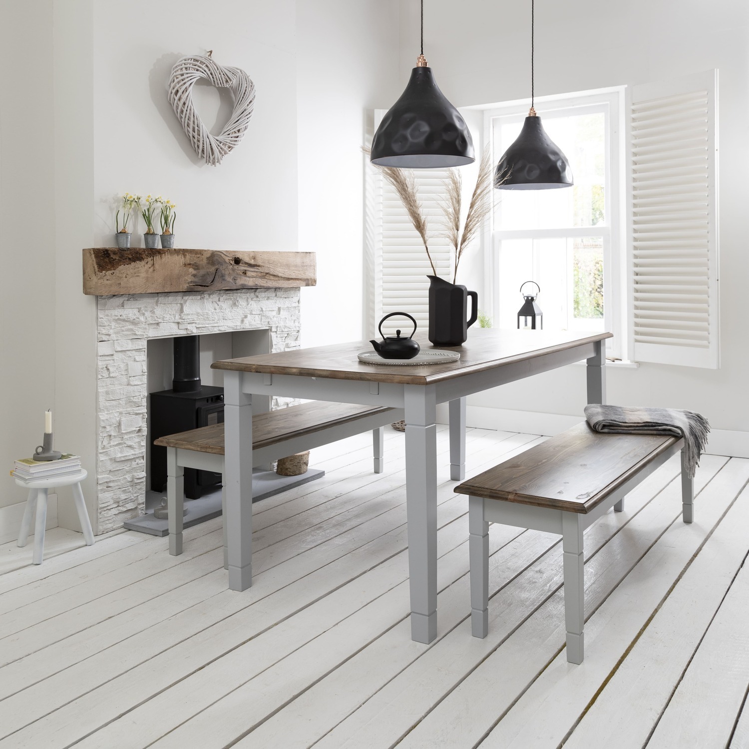 Canterbury 180cm Dining Table With 2 Benches In Silk Grey And Dark Pine - Grey