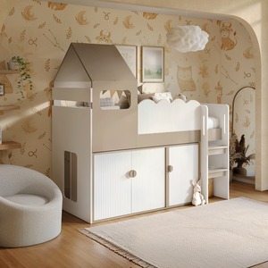 Calista Ribbed House Mid Sleeper Bed with Storage White & Taupe