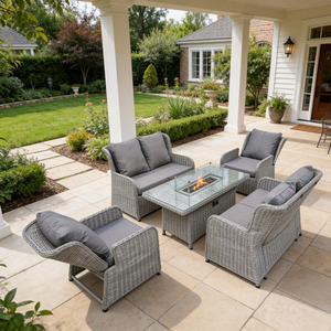 Rattan Garden Furniture with Fire Pit Table Recliner Chair Loveseat