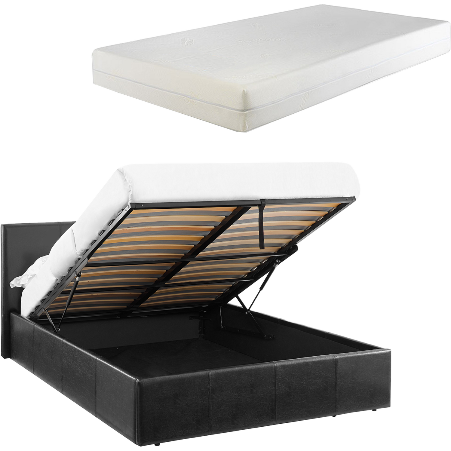 Luna 4Ft Small Double Ottoman Bed Black Faux Leather + 20Cm Memory Foam - Black