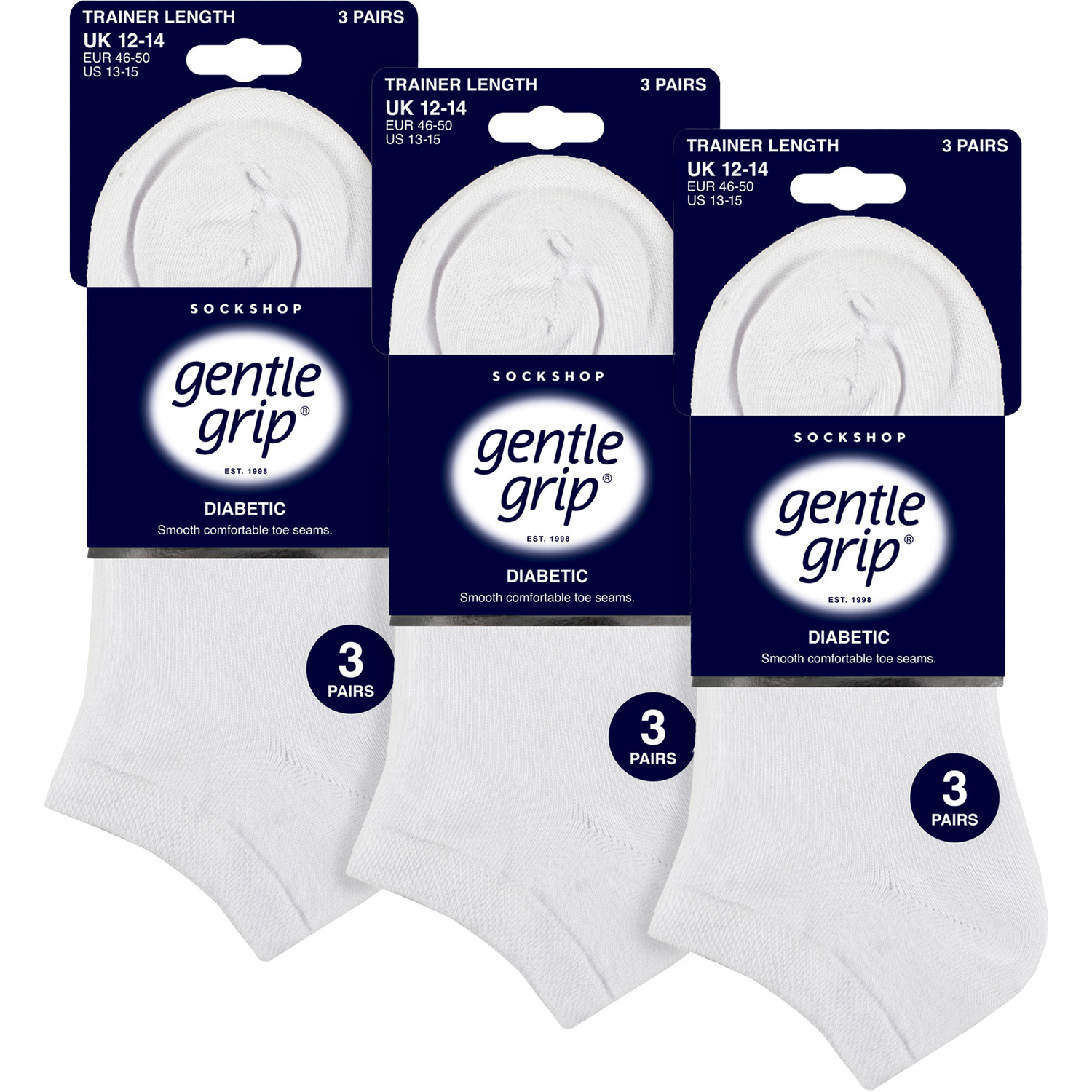 Gentle Grip 9 Pack Mens Diabetic Trainer Socks, Swollen Feet Wide Ankle Socks - White