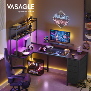 VASAGLE L-Shaped Computer Desk with LED Lights, Power Outlets and 3 Drawers