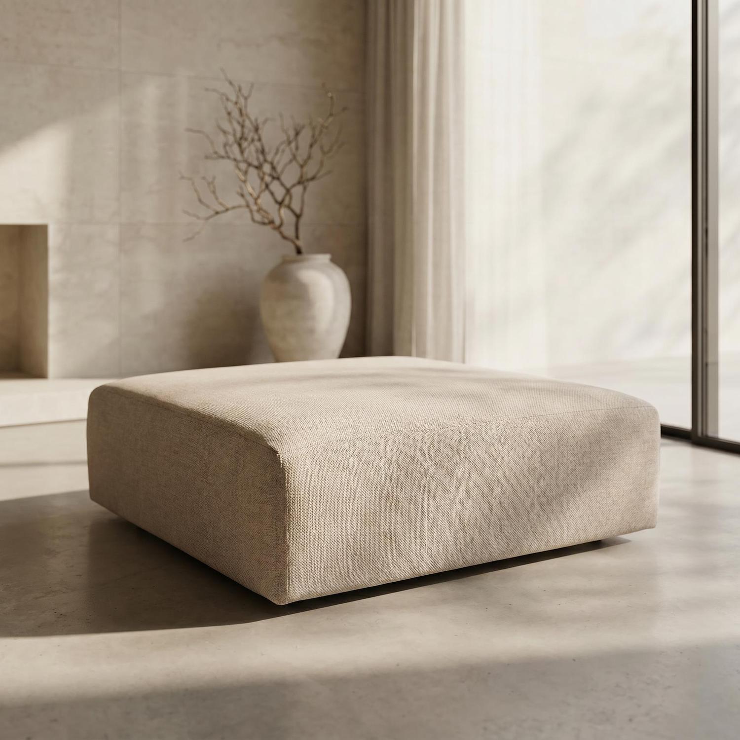 Abakus Direct Tokyo Footstool In Light Grey Brushed Tweed Fabric With Deep Seat - Soft Cream