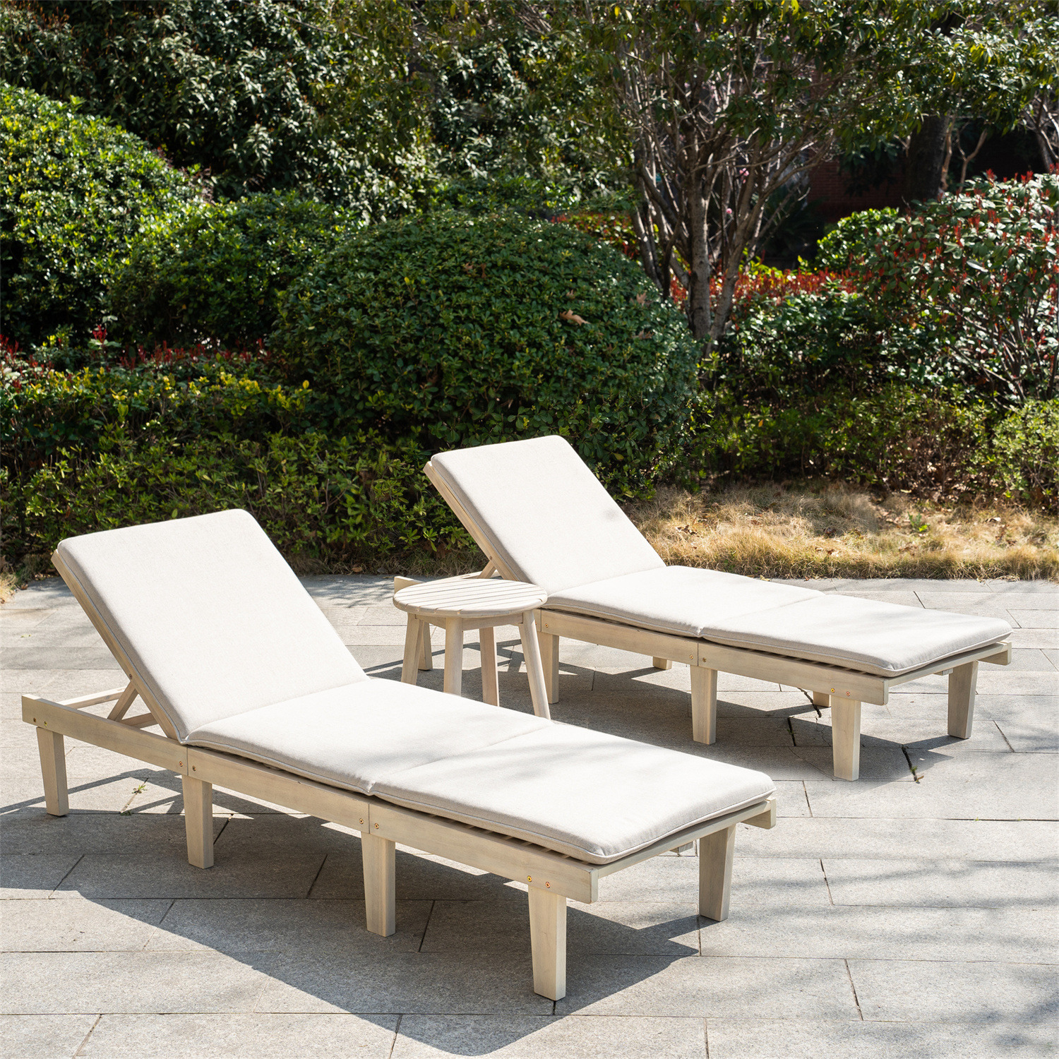 Abrihome Acacia Wood Outdoor Lounger With Table Set - Natural Wood / 58.8Kg