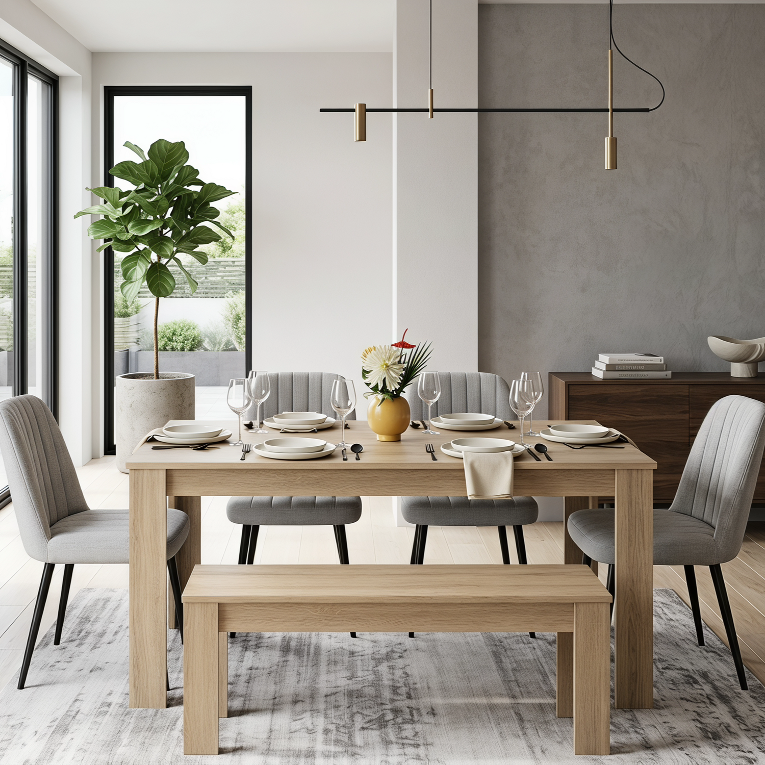 Kosy Koala Oak Effect Dining Table & Bench Set With 4 Grey Fabric Dining Chairs - Brown