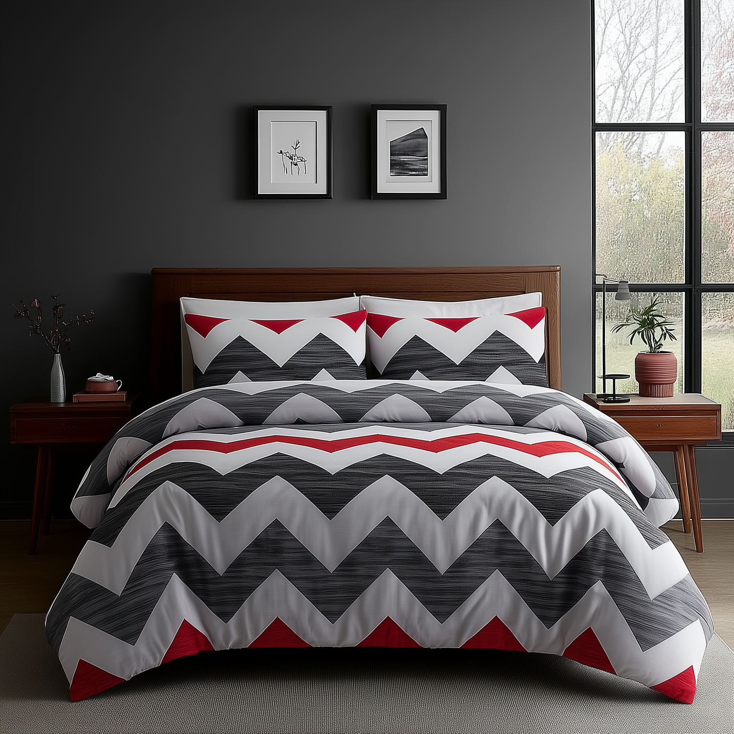 Duvet Cover And Pillowcase Set Grey And Red Zig Zag Reversible Print Design Polycotton Bed Linen - Grey / Superking
