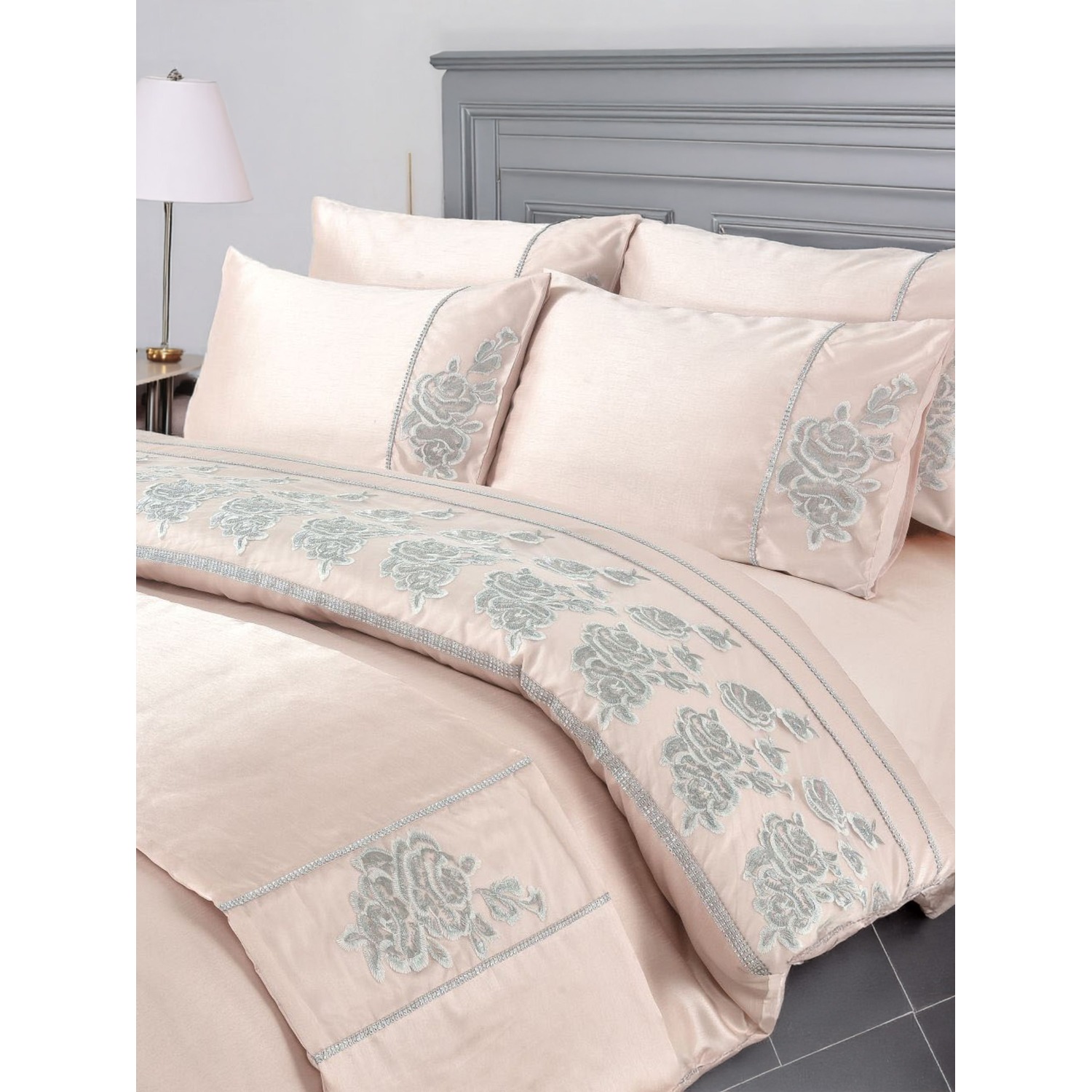 Duvet Cover And Pillowcase Set Silver Or Pink Embroided Luxury Design Polyester Bed Linen - Pink / King