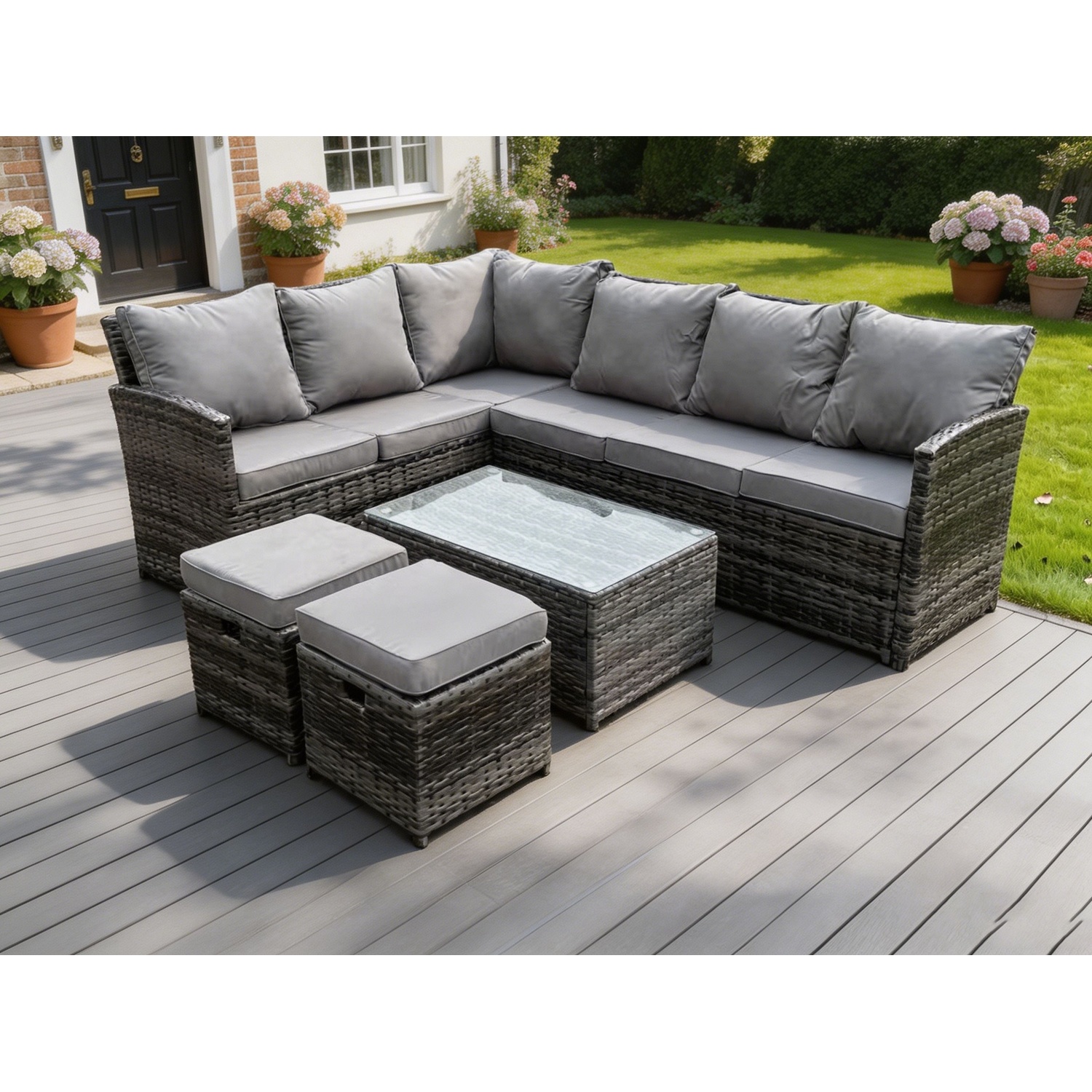 B&Q - High Back Dark Mixed Grey Rattan Corner Sofa Set Outdoor Furniture Rectangular Coffee Table 2 Small Footstools 8 Seater - Image 2
