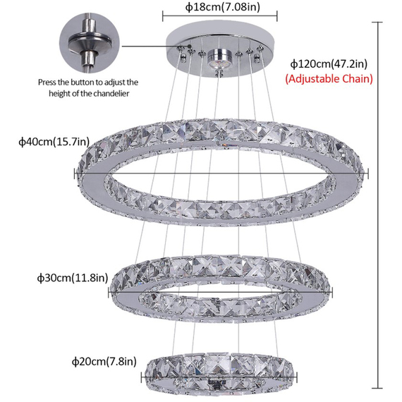Chandelier Silver 3 Rings 3 Color Lights