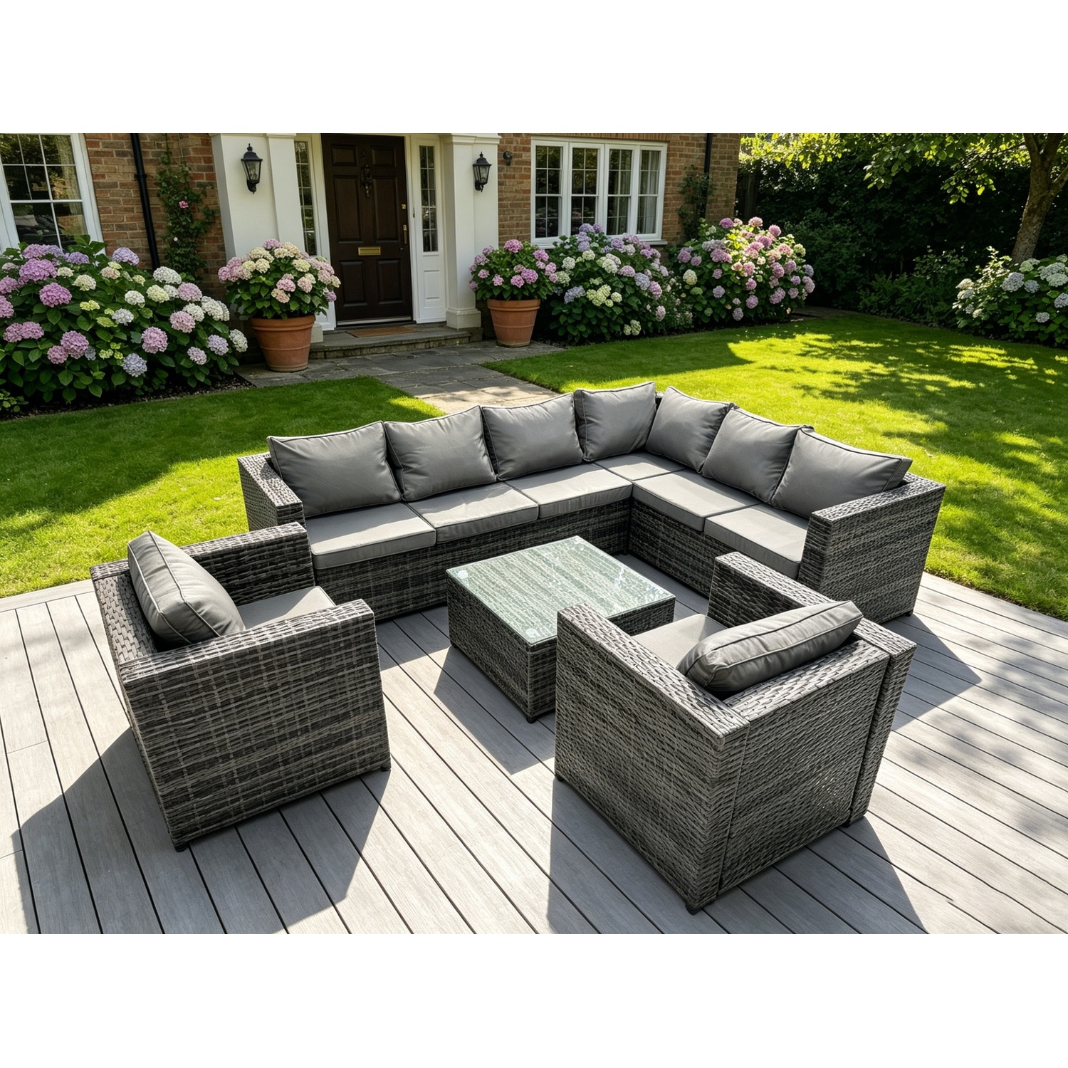 Rackhams Grey 8 Seater Rattan Corner Sofa Set Coffee Table 2 Armchairs Garden Furniture Outdoor - Image 2