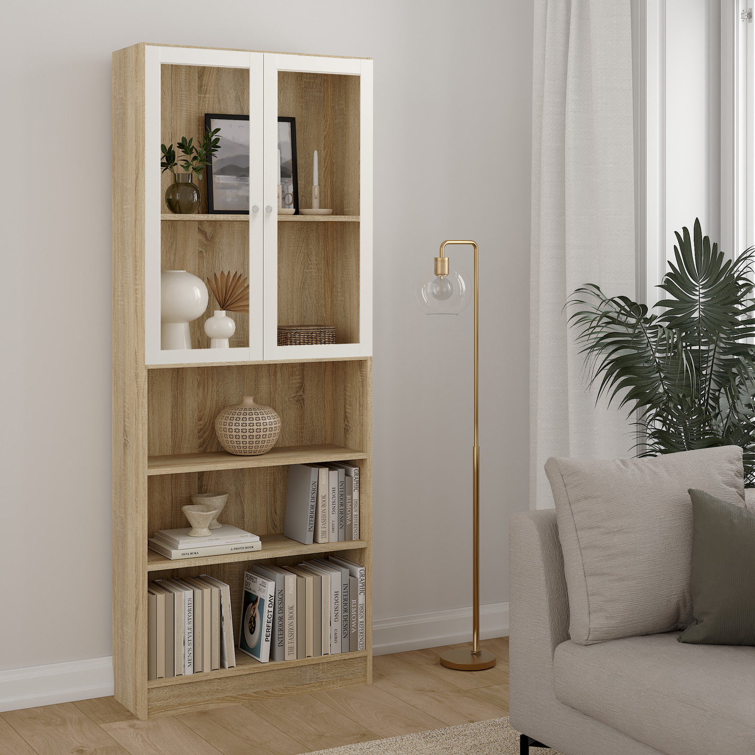Furniture To Go Basic Tall Wide Display Cabinet (4 Shelves) With 2 Glass Doors - Oak With White Doors / Oak With White Doors