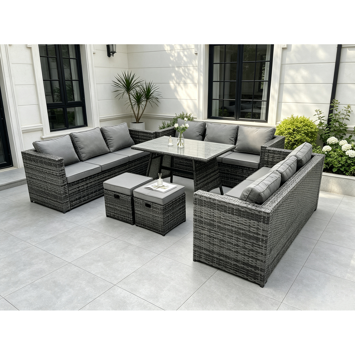 B&Q - 11 Seater Rattan Outdoor Furniture Sofa Garden Dining Set With Patio Dining Table 2 Small Footstools - Image 2