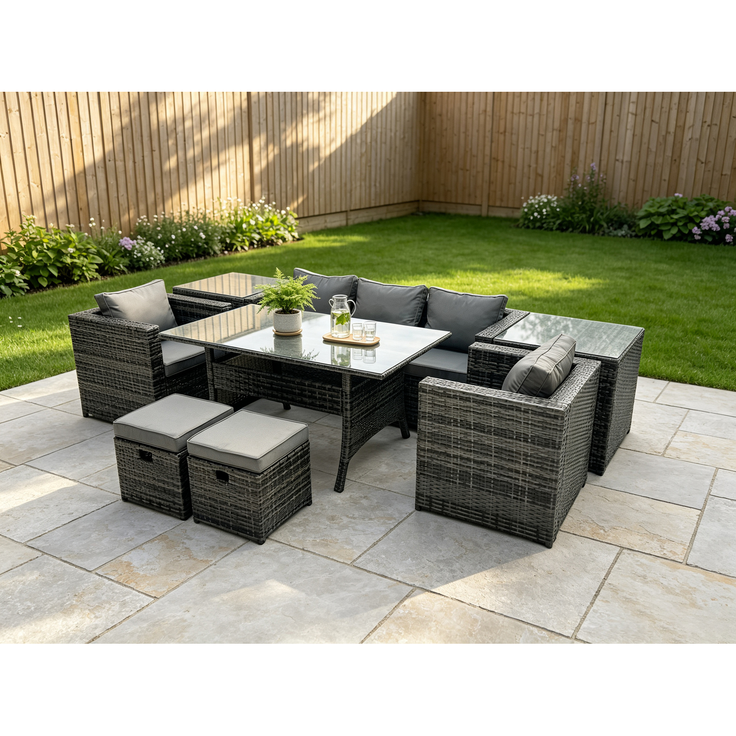Rackhams Dark/Grey Outdoor Garden Furniture Set Patio Rattan Rectangular Dining Table Lounge Sofa Chair With 2 Side Table 2 Small Stools Mixed - Image 2