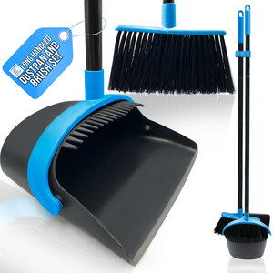 Long Handled Dustpan and Brush Set Upright Sweeping Broom with Built-In Bristle Cleaner - Blue