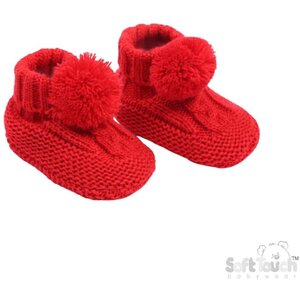 Red Elegance Cable Knit Bootees with Pom Pom NB - 12 Months