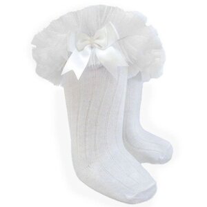White Soft Touch Children s Ribbed Knee - Socks With Organza Lace And Bow 18 Months - 6 Years