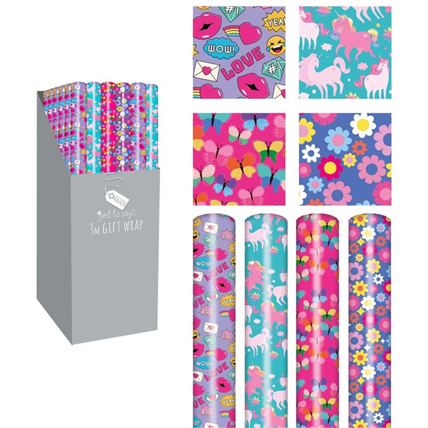 Pack of 4 3M Girls Design Gift Wrap Rolls - Unicorns Butterflies Flowers Icons - Image 5