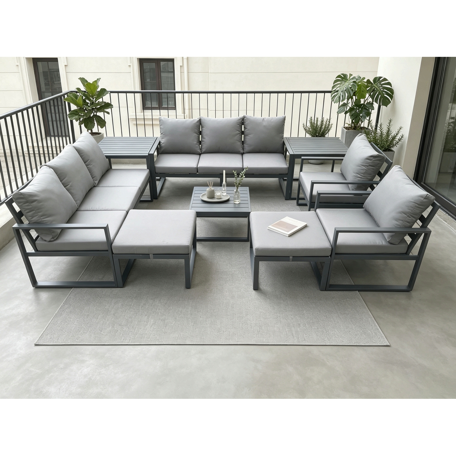 Fimous Dark/Grey Aluminium Patio Outdoor Garden Furniture Lounge Sofa Set With Square Coffee Table 2 Chairs 2 Side Tables 2 Big Footstool - Image 2