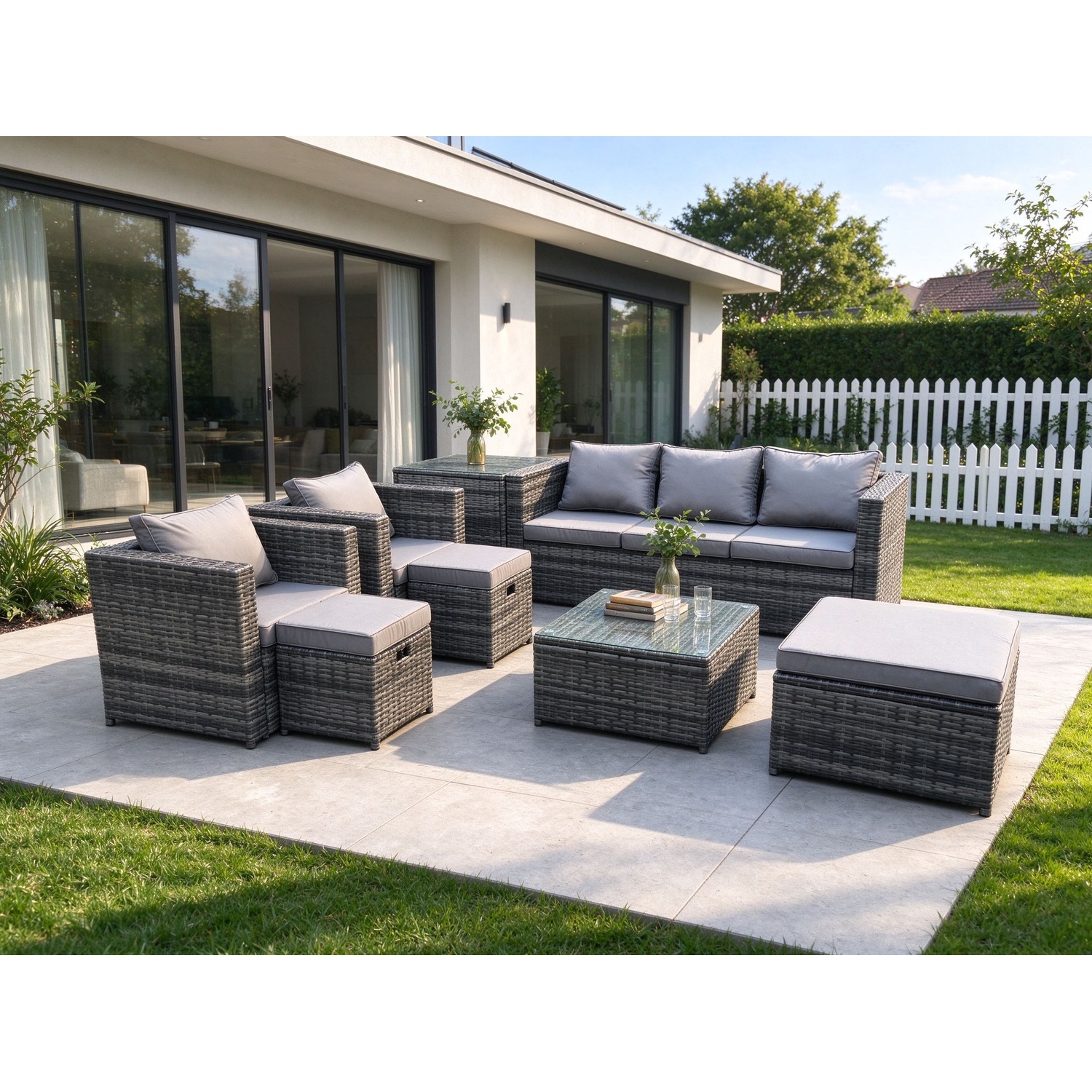 Fimous Unisex Dark Grey Seater Wicker Rattan Garden Furniture Sofa Set With Side Table Armchair Square Coffee Table Mixed Size 8 - Image 2