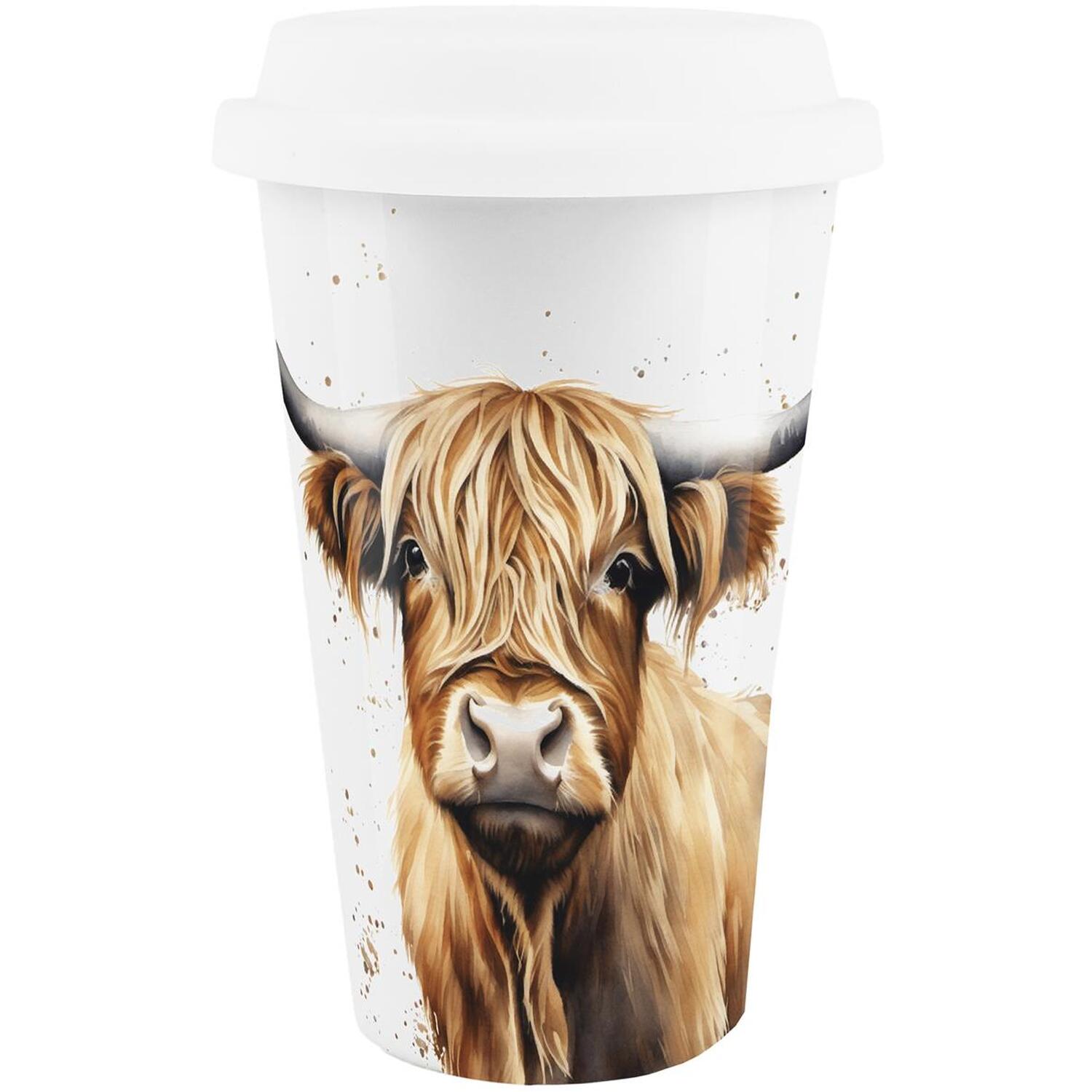 Purely Home Highland Cow Porcelain Travel Mug - Brown