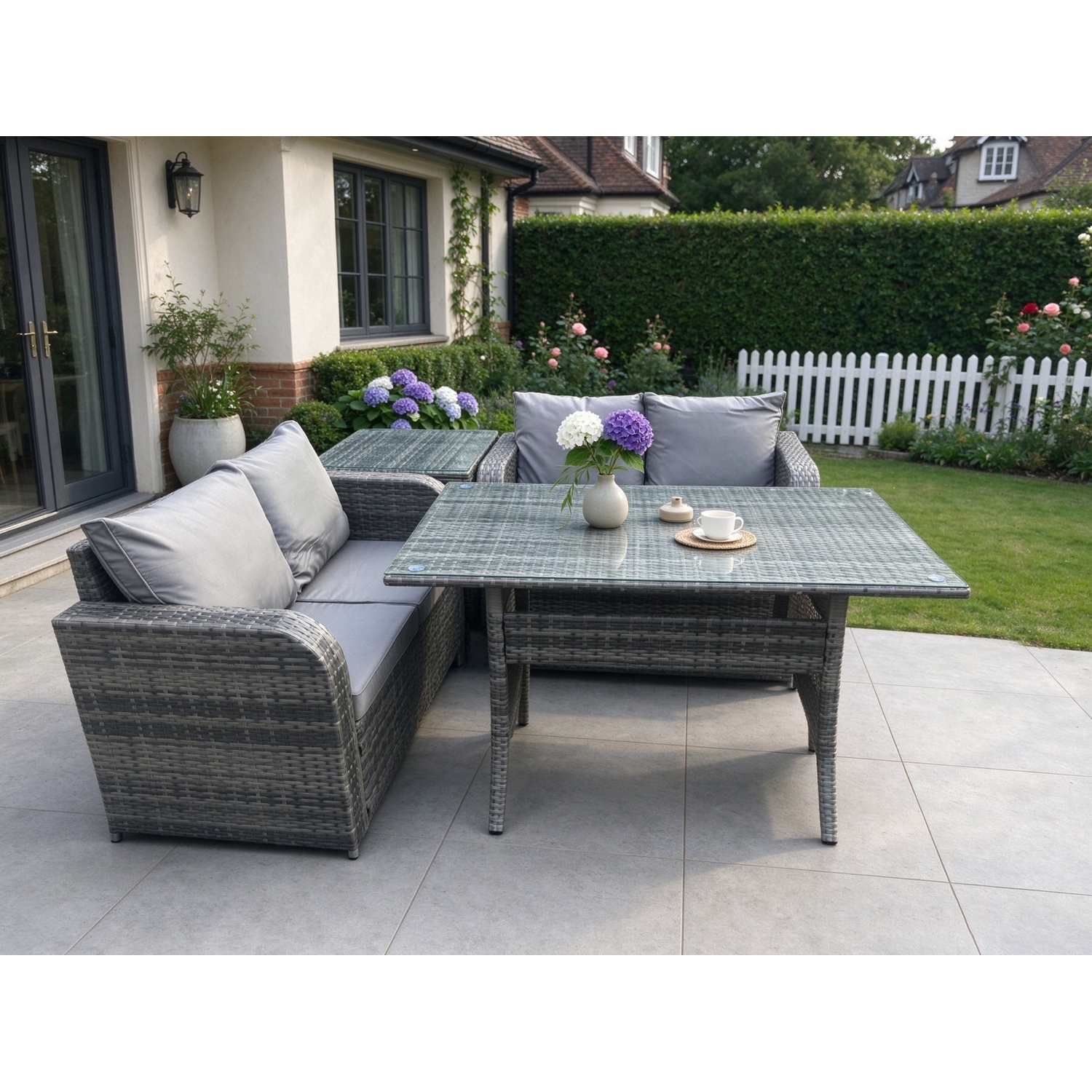 Fimous 4 Seater Rattan Outdoor Garden Furniture Set Rectangular Dining Table And Loveseat Sofa Set With Side Table - Image 3