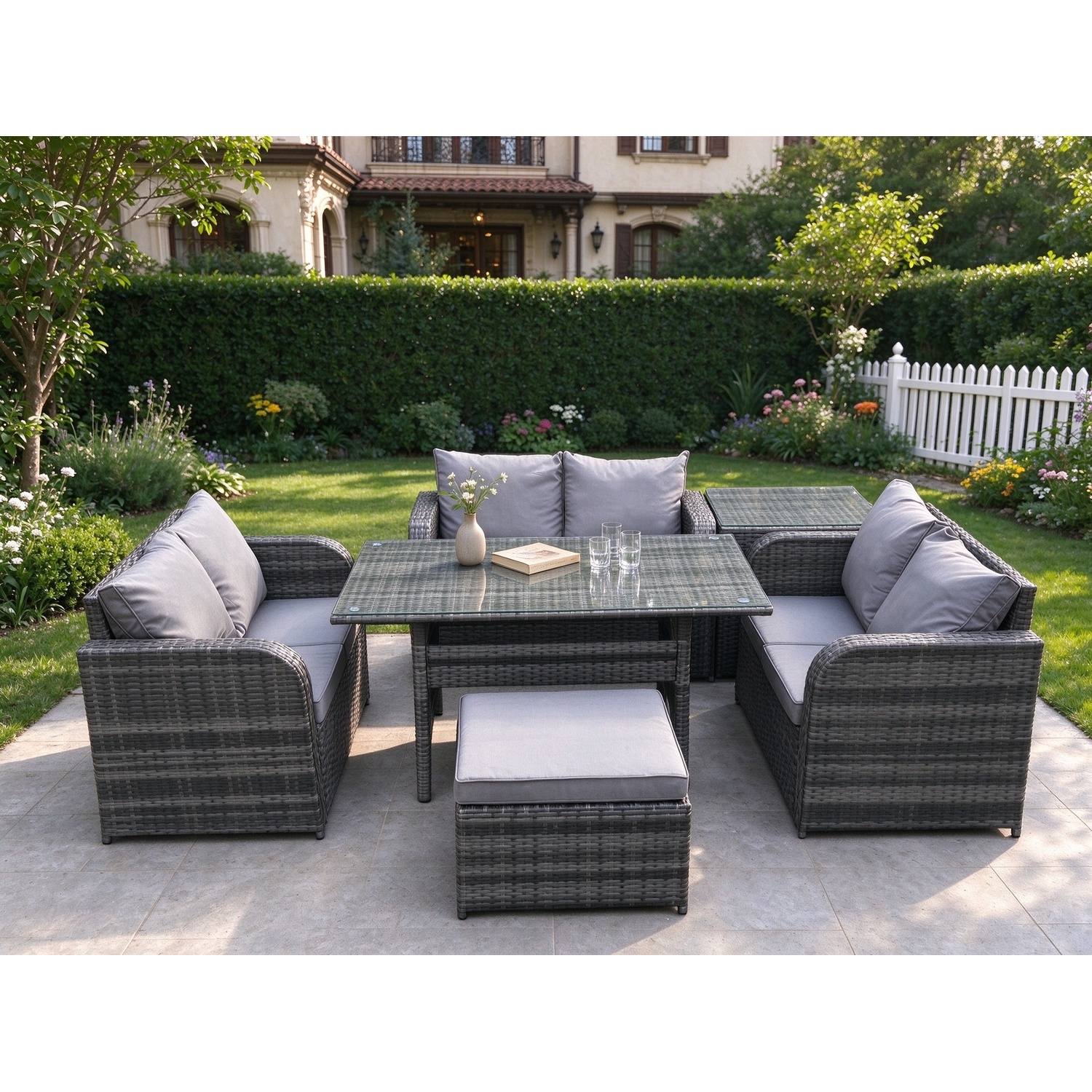 B&Q - Wicker Pe Rattan Sofa Outdoor Garden Furniture Set With Rectangular Dining Table Big Footstool Side Table Dark Grey Mixed - Image 2