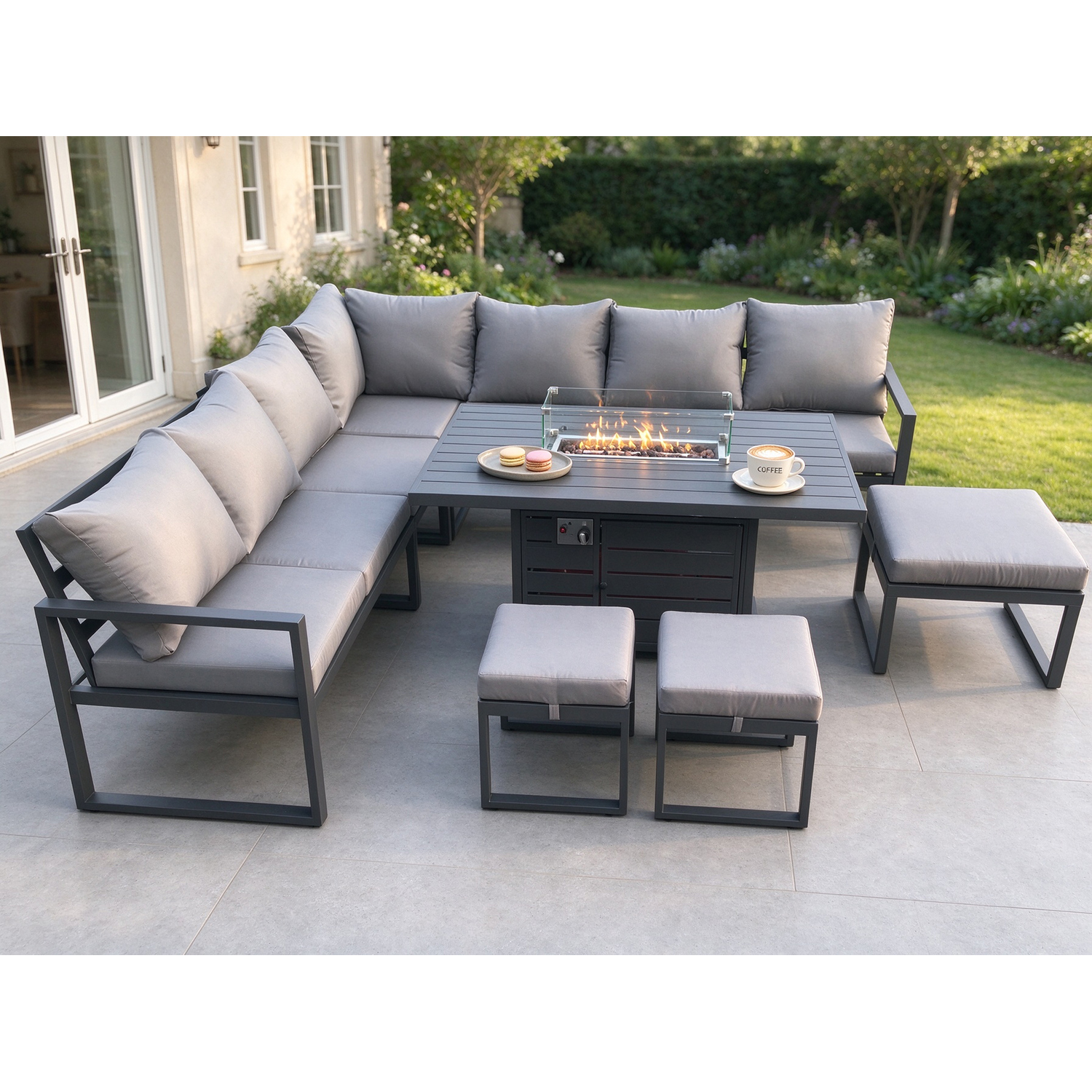 Rackhams Dark/Grey 10 Seater Aluminium Garden Furniture Set With Gas Fire Pit Dining Table, Corner Sofa & 3 Footstools - Image 2