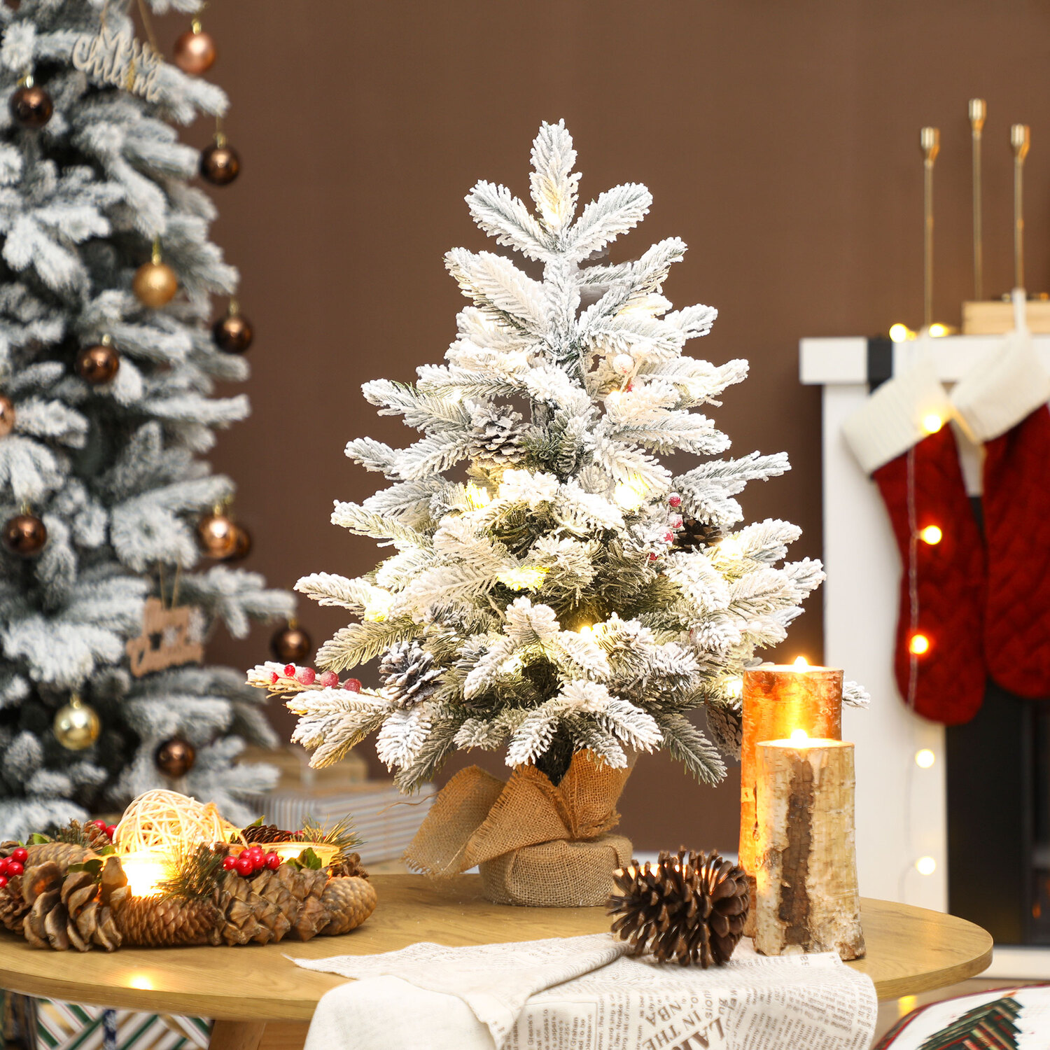 Homcom Green/White 60 Cm Prelit Tabletop Mini Christmas Tree, Flocked Snow Xmas Tree - Small Christmas Tree - 1 - 48 X 48 X 60 Cm - Image 2
