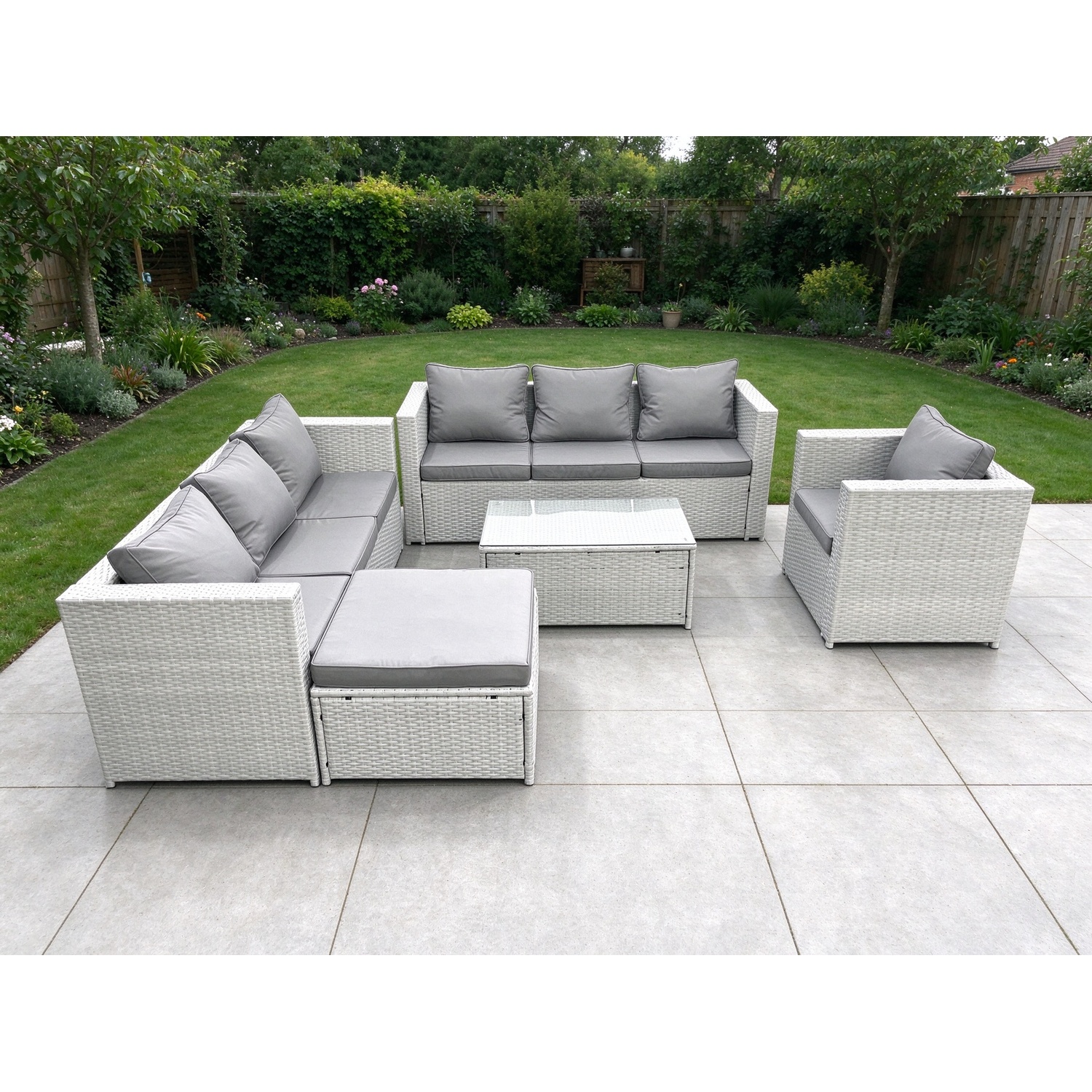 Fimous Unisex Light Grey Wicker Pe Rattan Sofa Garden Furniture Set With Armchair Oblong Coffee Table Big Footstool Mixed Size 2 - Image 2