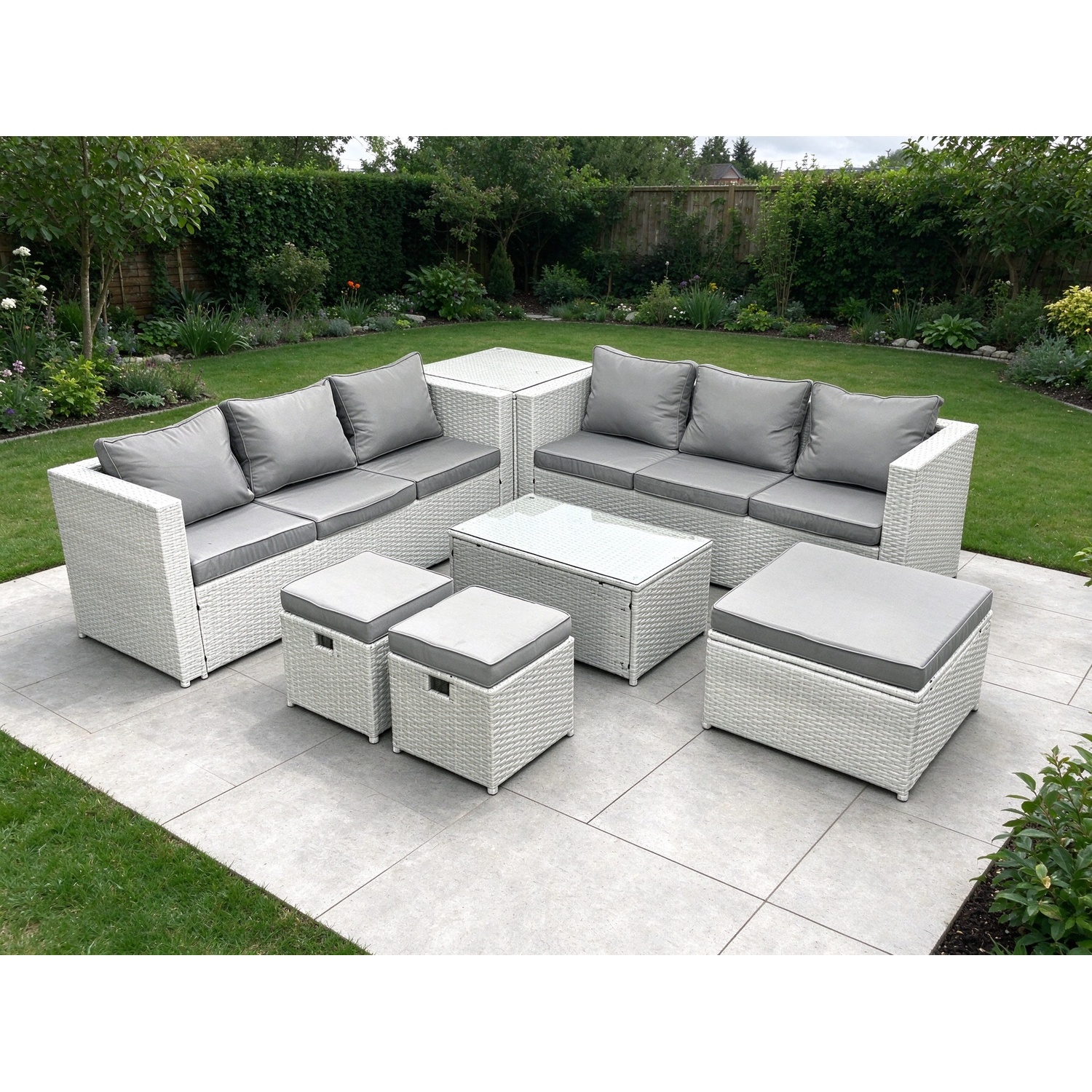 Fimous Light/Grey Garden Outdoor Pe Rattan Furniture Set 9 Seater Rattan Garden Sofa Set With 3 Footstools Side Table Mixed - Image 2